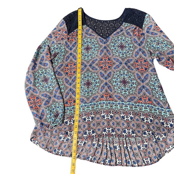 Daniel Rainn DR2 Crochet Tunic Top Womens Size L Blue High Low Pleated Blouse - Picture 12 of 13